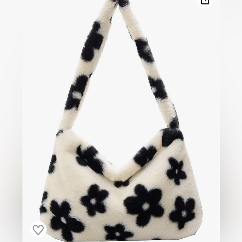 Black and White Flower Print Fluffy Purse